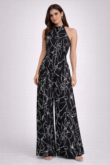 Noir Abstract Line Art Halter Jumpsuit
