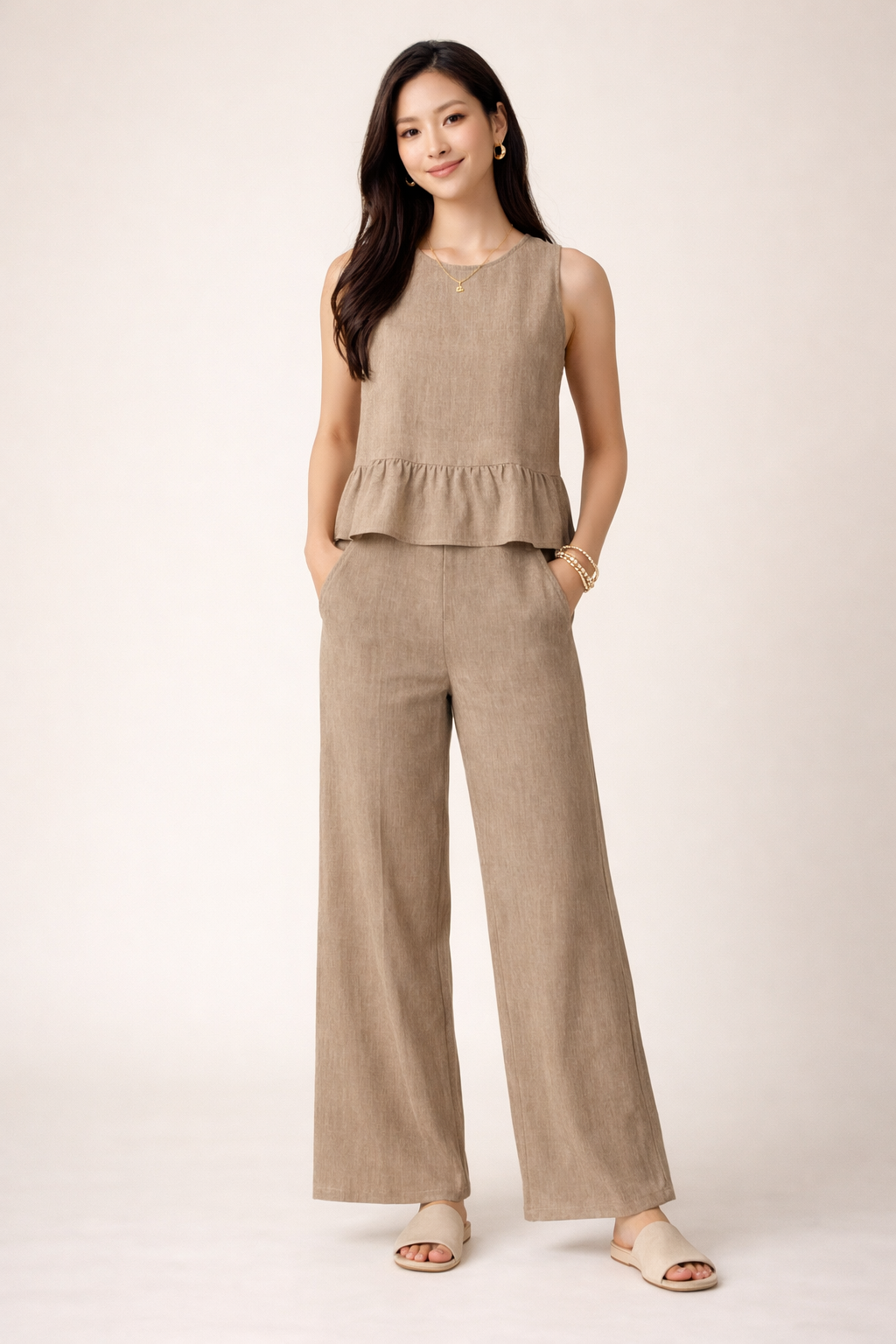 Oatmeal Linen Peplum Co-ord Set