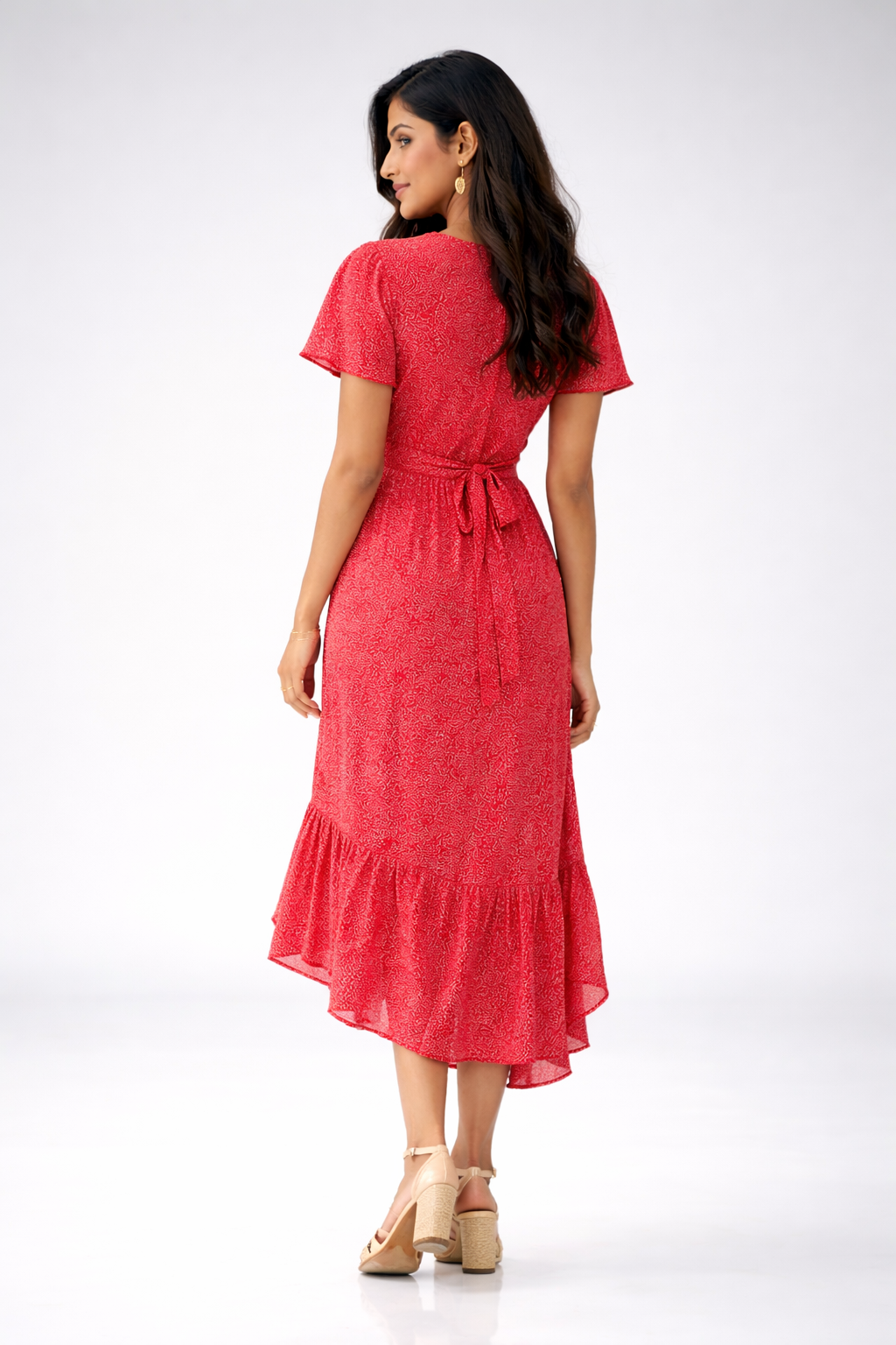 Crimson Ditsy Floral Ruffle Wrap Dress