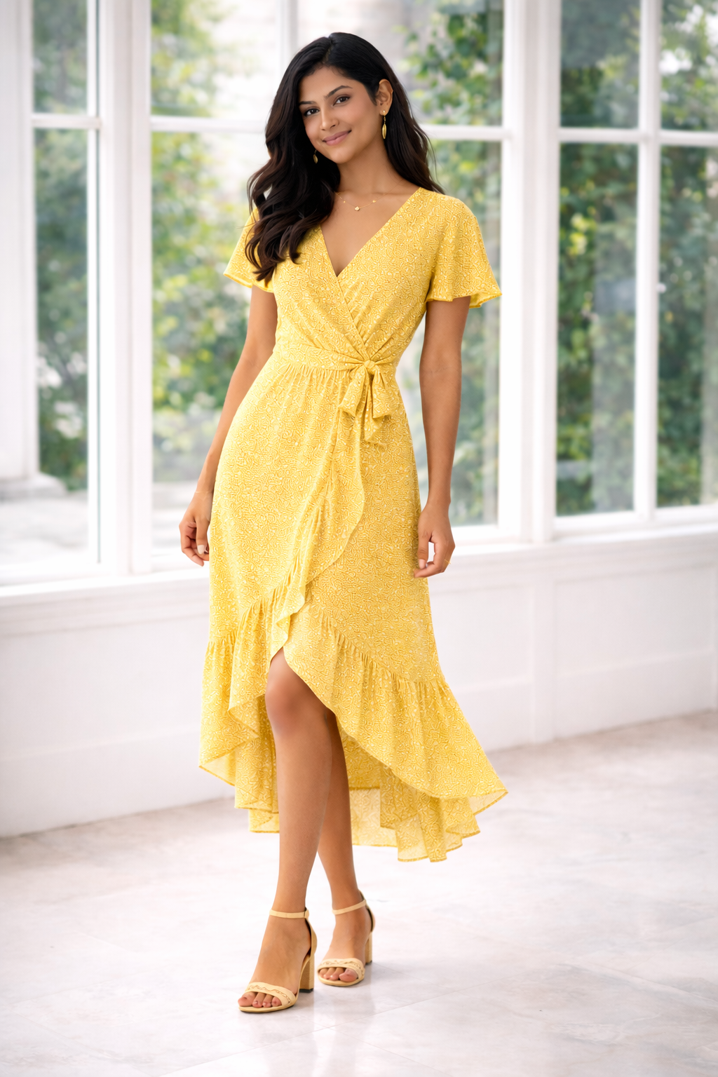 Sunny Ditsy Floral Ruffle Wrap Dress