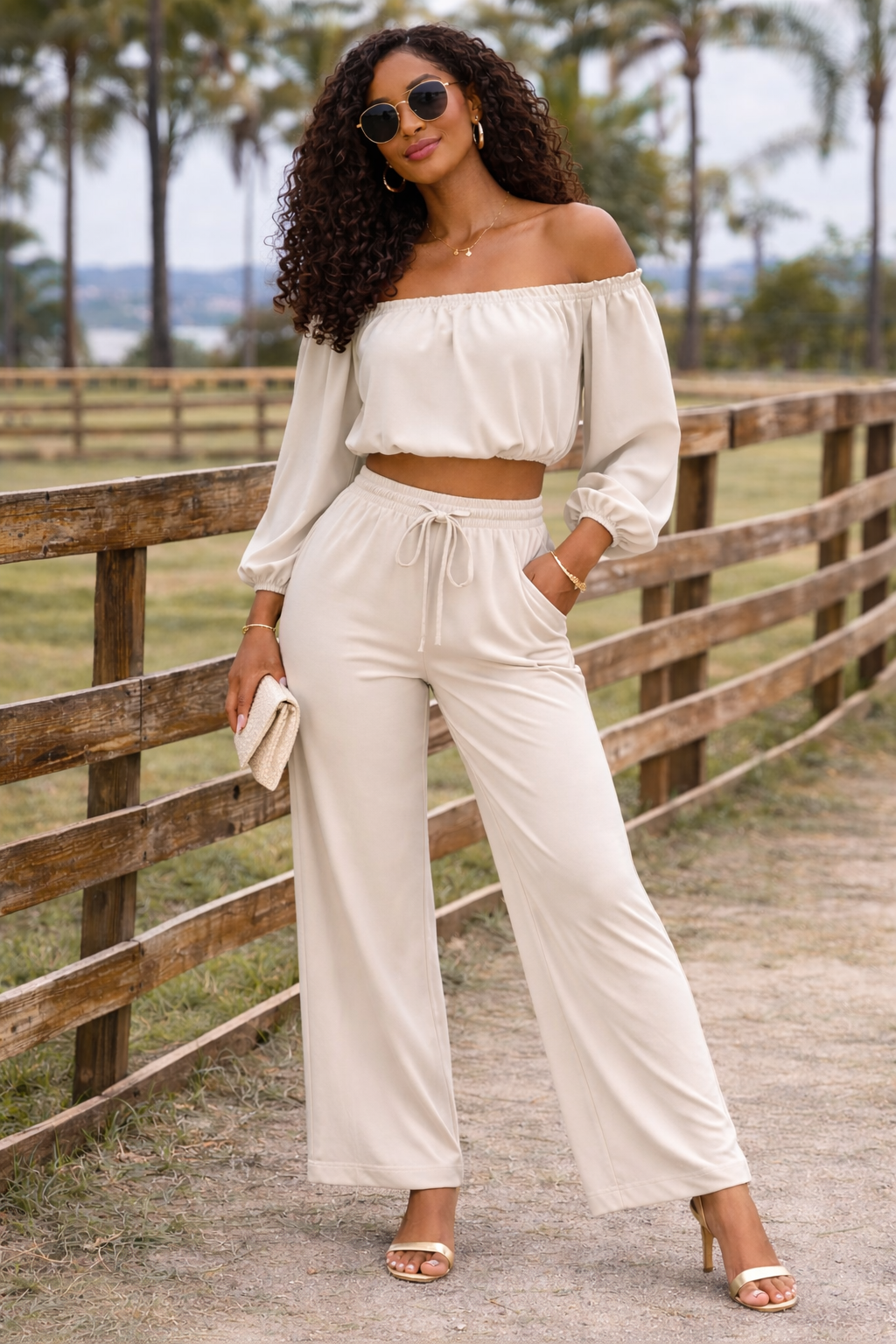 Stone Beige Bardot Lounge Co-ord Set