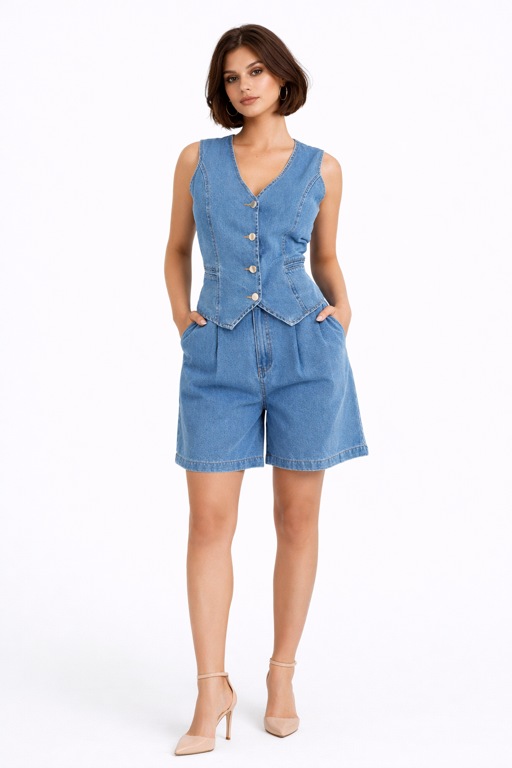 Denim Waistcoat & Pleated Shorts Set