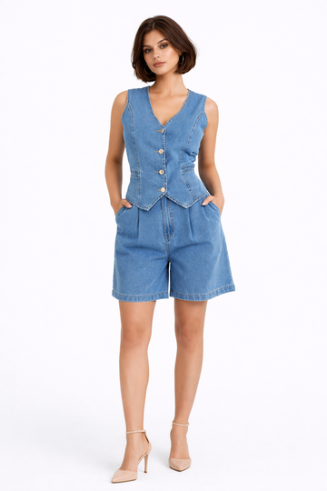 Denim Waistcoat & Pleated Shorts Set
