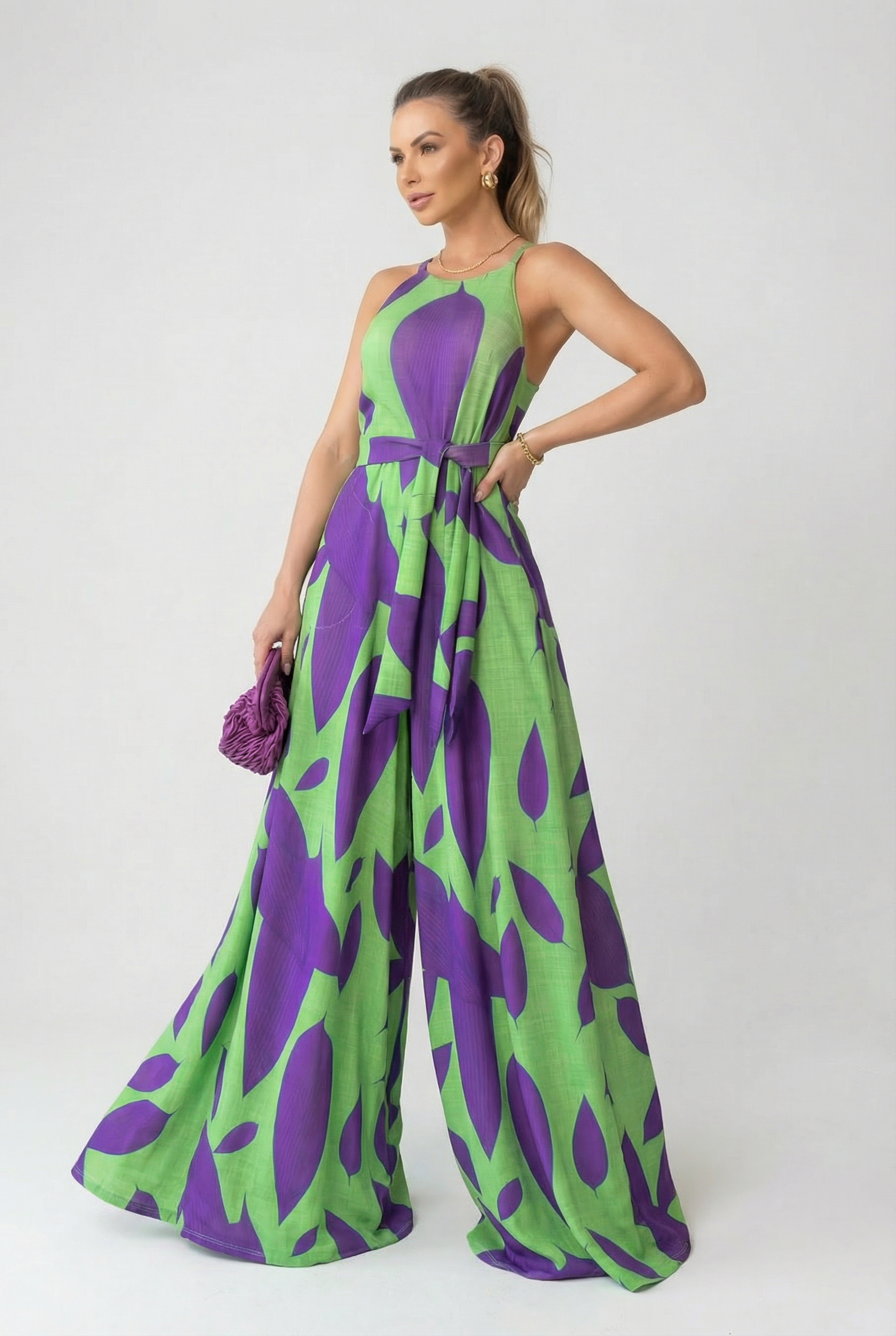 Riviera Leaf Print Halter Jumpsuit
