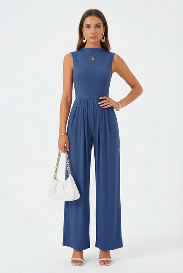 Slate Blue Mock-Neck Jumpsuit