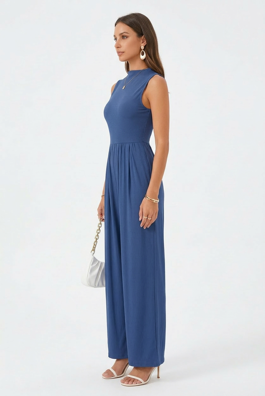 Slate Blue Mock-Neck Jumpsuit