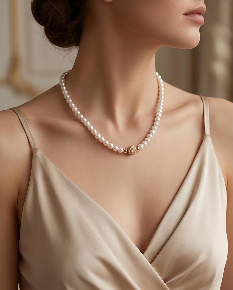 Elegant Faux Pearl Necklace with Gold‑Tone Clasp and Accent Bead