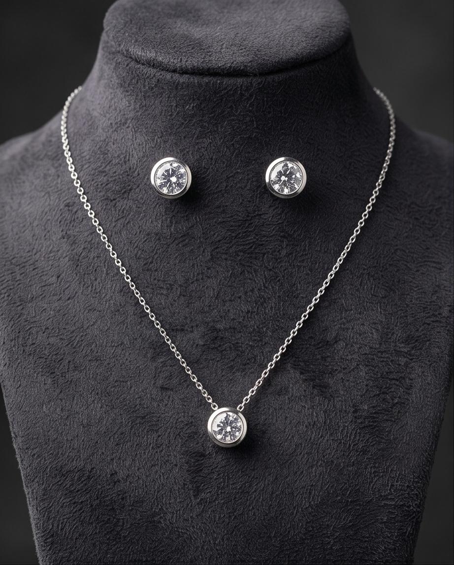 Classic Silver‑Tone Necklace and Stud Earrings Fashion Set