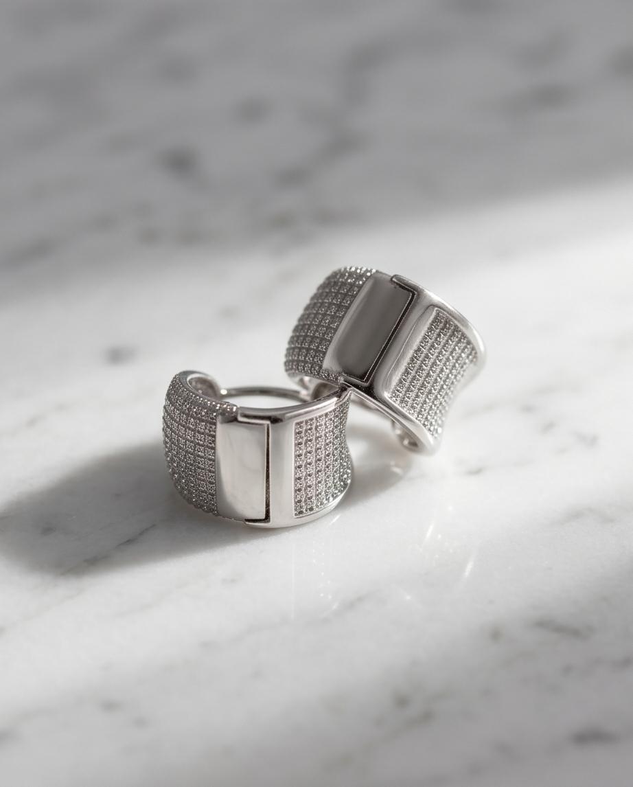 Modern Silver‑Tone Pavé Hoop Earrings – Fashion Jewelry