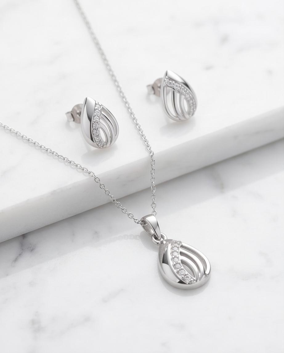 Elegant Silver‑Tone Teardrop Necklace & Stud Earrings Set