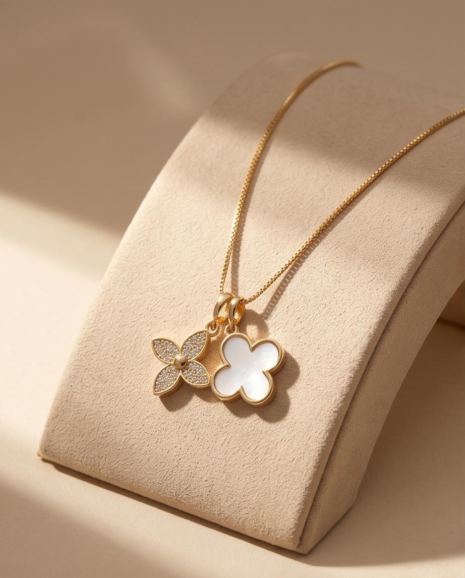 Gold‑Tone Double Clover Pendant Necklace with Crystal and Mother‑of‑Pearl Accents