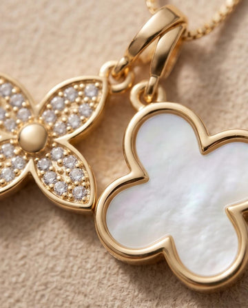 Gold‑Tone Double Clover Pendant Necklace with Crystal and Mother‑of‑Pearl Accents