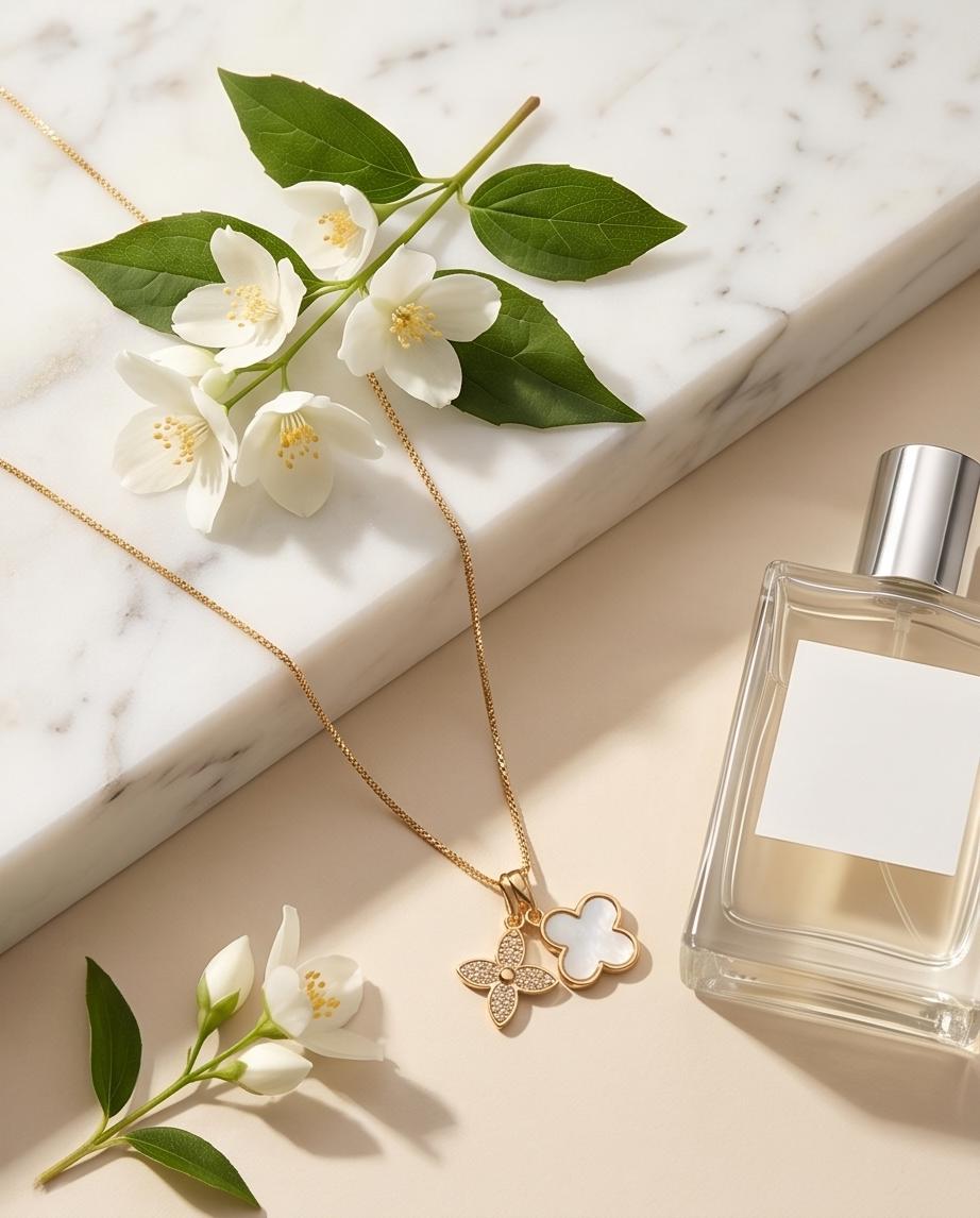 Gold‑Tone Double Clover Pendant Necklace with Crystal and Mother‑of‑Pearl Accents