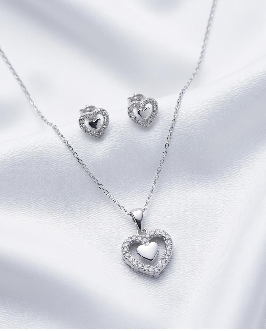 Elegant Silver‑Tone Heart Pendant Necklace & Stud Earrings Set