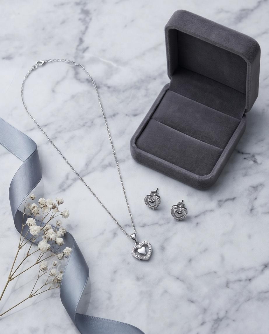 Elegant Silver‑Tone Heart Pendant Necklace & Stud Earrings Set