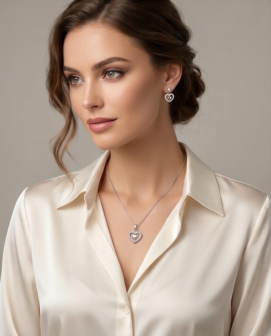Elegant Silver‑Tone Heart Pendant Necklace & Stud Earrings Set