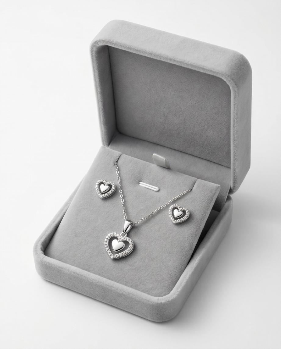 Elegant Silver‑Tone Heart Pendant Necklace & Stud Earrings Set