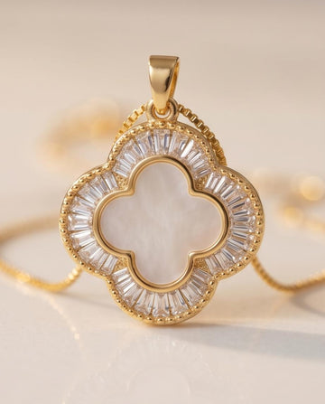 Gold‑Tone Clover Pendant Necklace with Mother‑of‑Pearl Accent