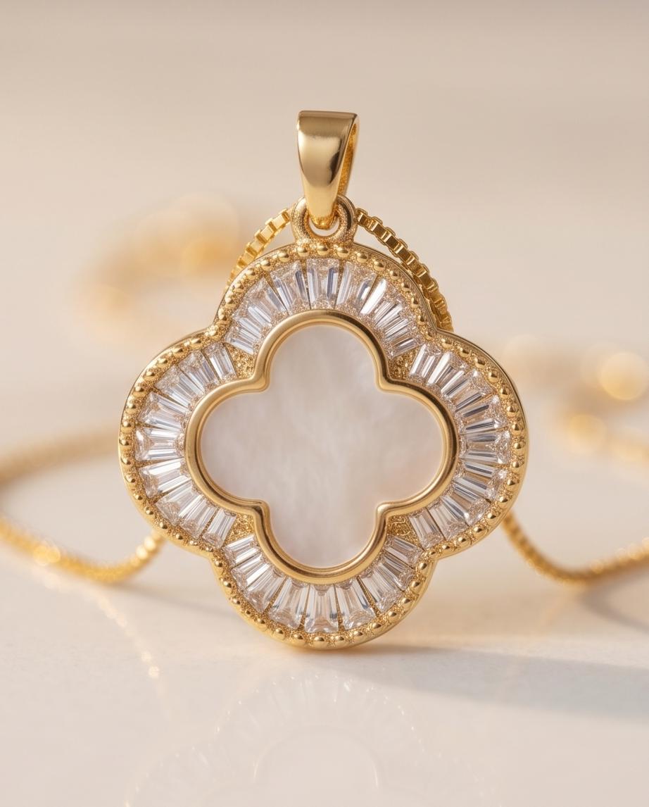 Gold‑Tone Clover Pendant Necklace with Mother‑of‑Pearl Accent