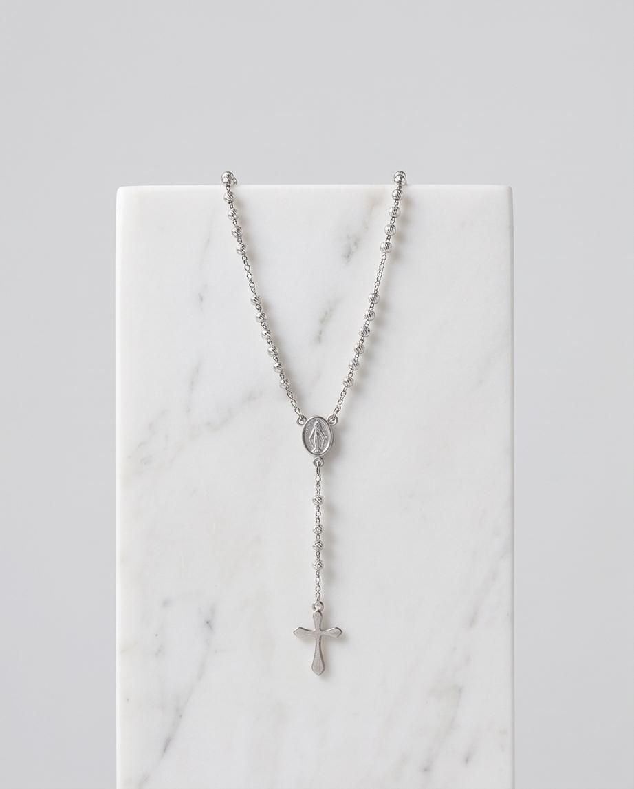 Silver‑Tone Rosary‑Style Necklace with Cross Pendant