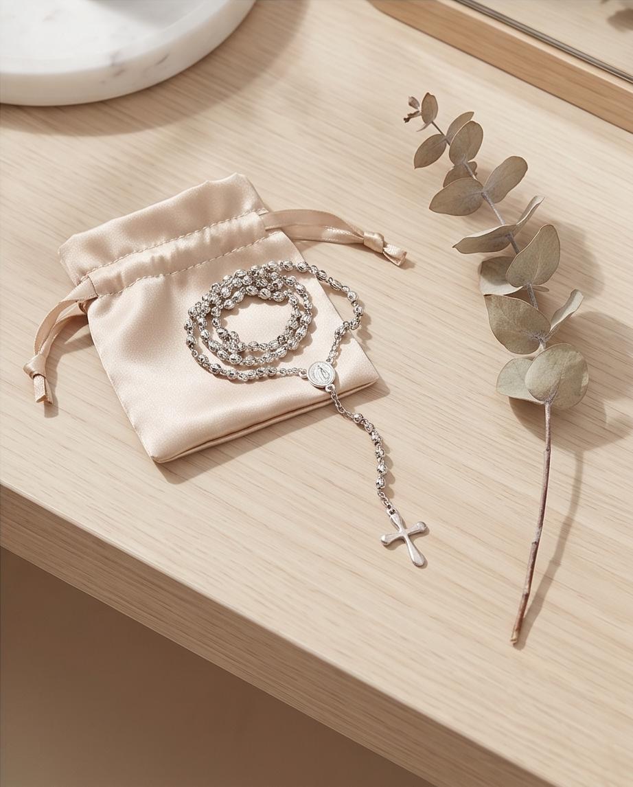 Silver‑Tone Rosary‑Style Necklace with Cross Pendant