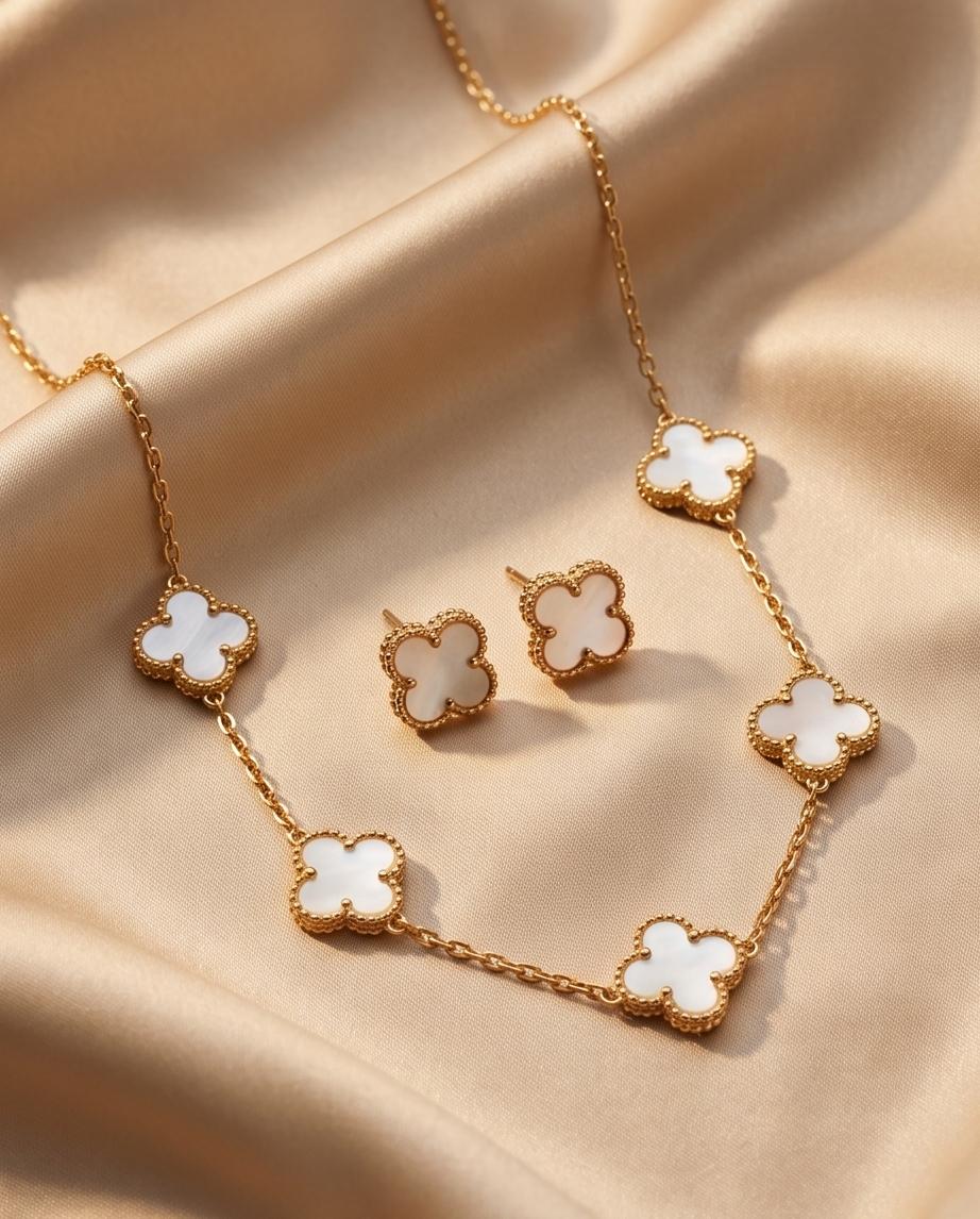 Gold‑Tone Clover Necklace with Matching Stud Earrings set