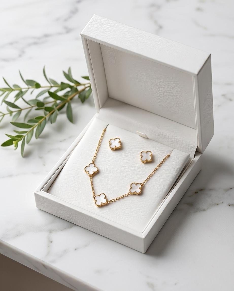 Gold‑Tone Clover Necklace with Matching Stud Earrings set