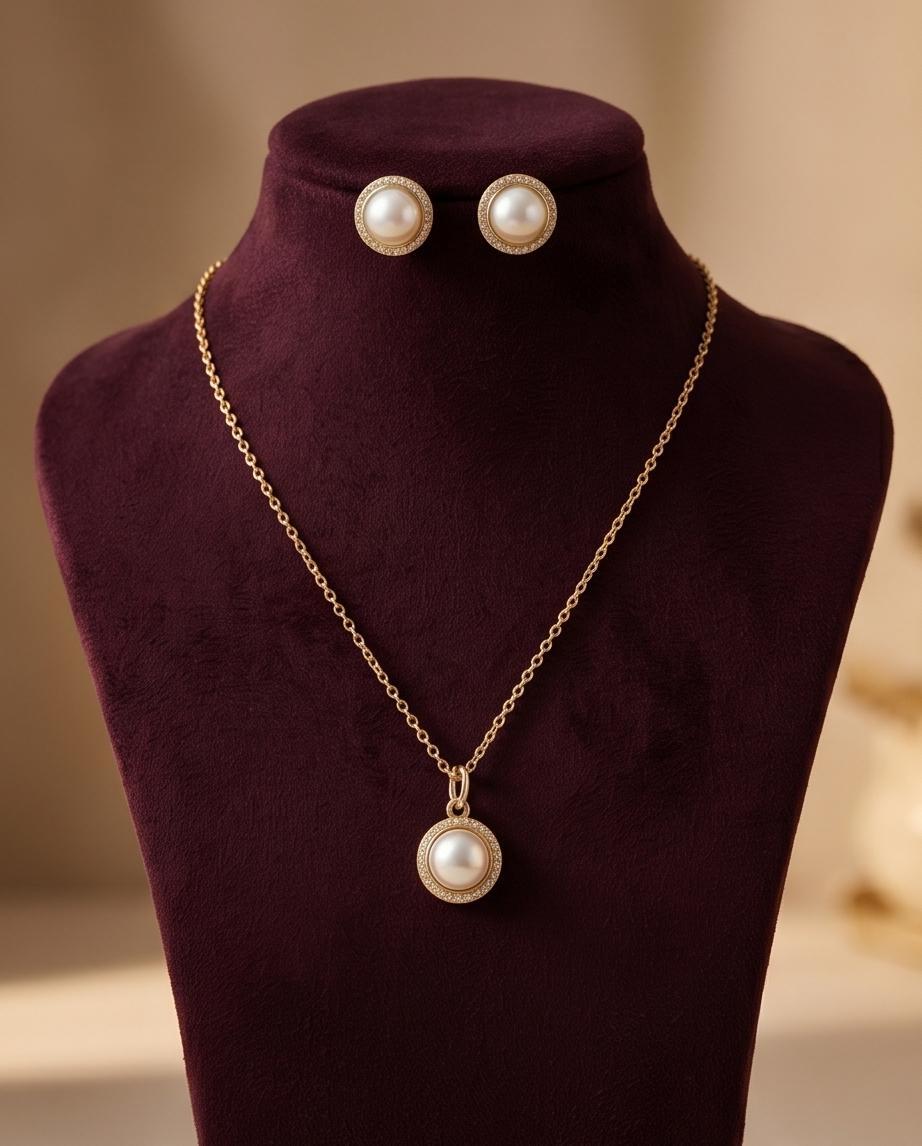 Gold‑Tone Pearl Pendant Necklace & Stud Earrings Set