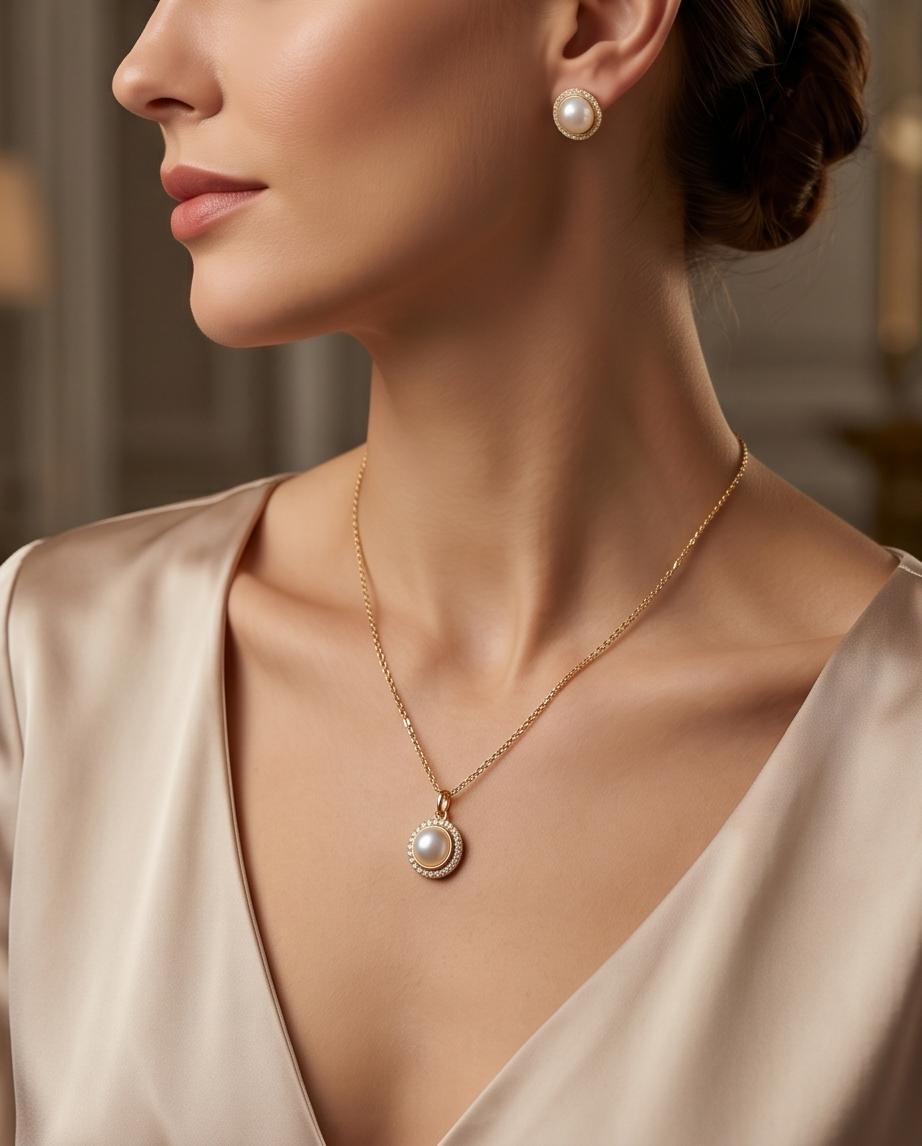 Gold‑Tone Pearl Pendant Necklace & Stud Earrings Set