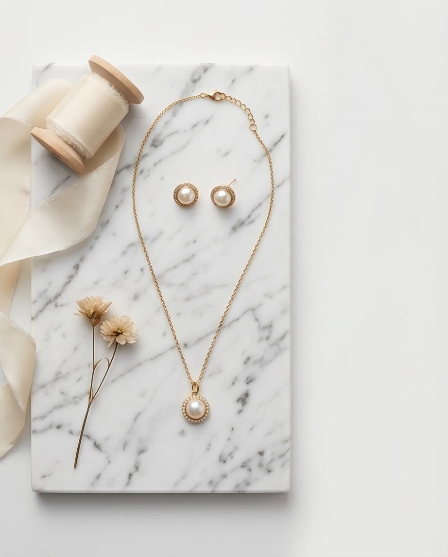 Gold‑Tone Pearl Pendant Necklace & Stud Earrings Set