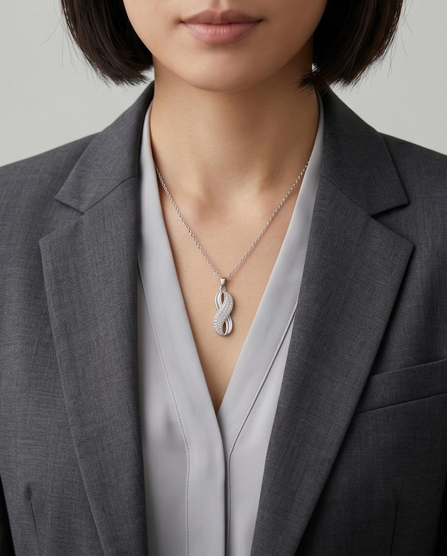 Silver‑Tone Infinity Pendant Necklace with Pavé Crystal Accents