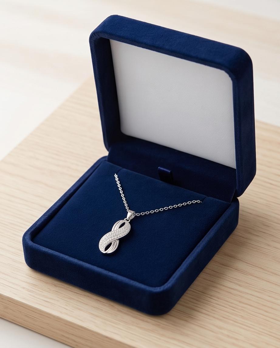 Silver‑Tone Infinity Pendant Necklace with Pavé Crystal Accents