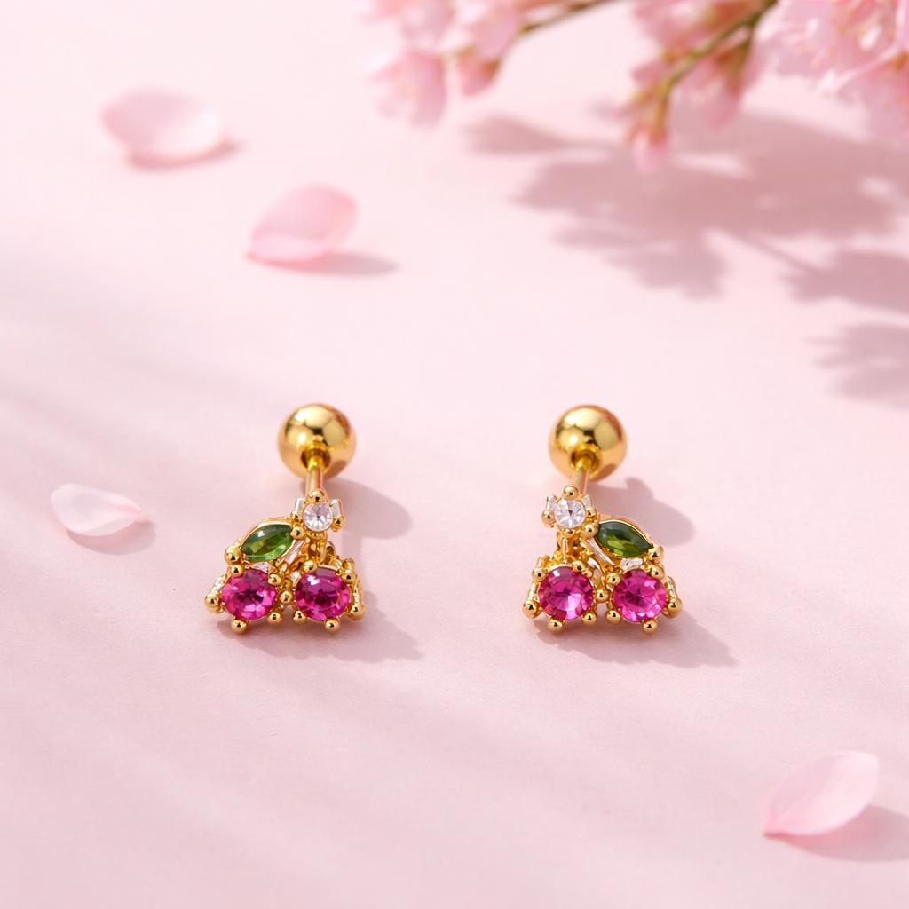 Little / Small / Tiny Gold‑Tone Cherry‑Inspired Stud Earrings with Crystal Accents