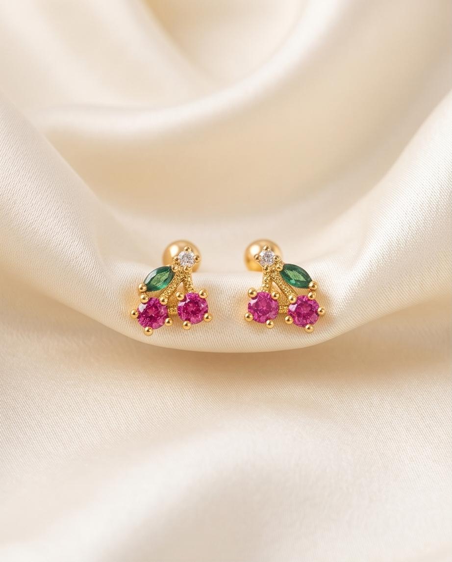 Little / Small / Tiny Gold‑Tone Cherry‑Inspired Stud Earrings with Crystal Accents
