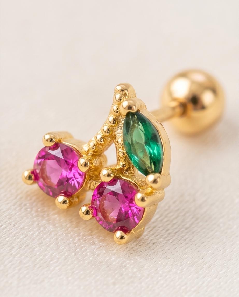 Little / Small / Tiny Gold‑Tone Cherry‑Inspired Stud Earrings with Crystal Accents