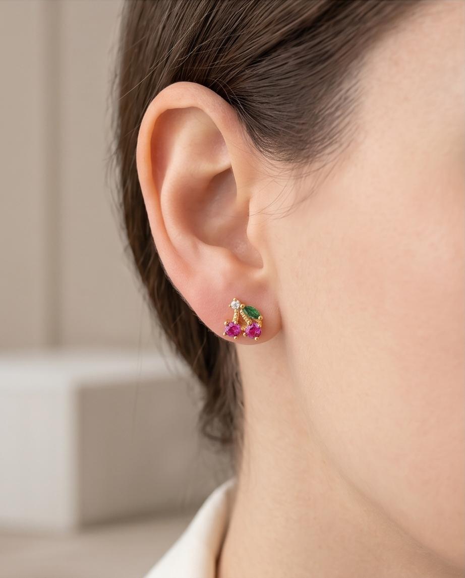 Little / Small / Tiny Gold‑Tone Cherry‑Inspired Stud Earrings with Crystal Accents