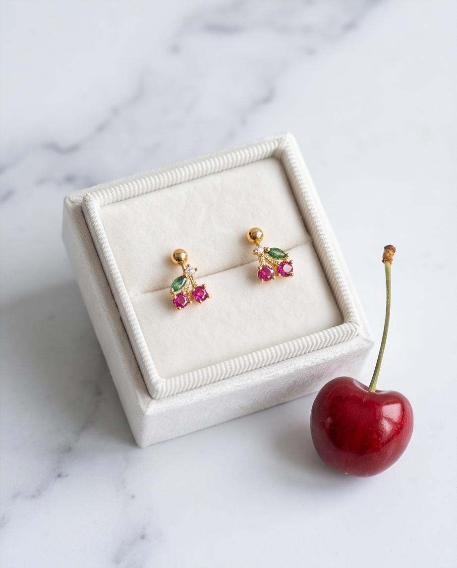 Little / Small / Tiny Gold‑Tone Cherry‑Inspired Stud Earrings with Crystal Accents