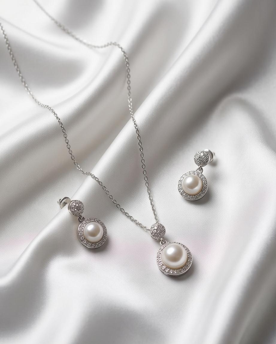Silver‑Tone Pearl Pendant Necklace & Drop Earrings Set