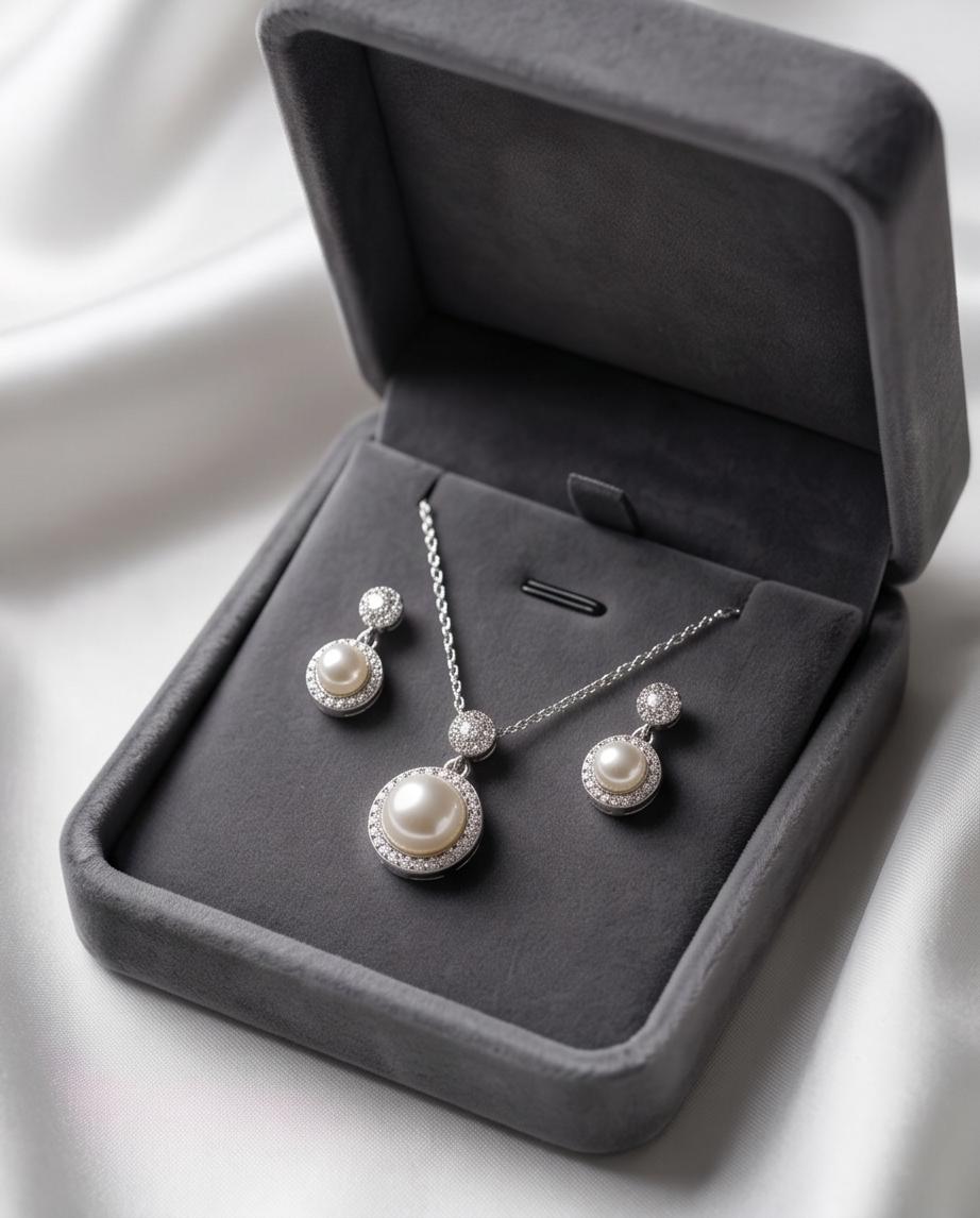 Silver‑Tone Pearl Pendant Necklace & Drop Earrings Set