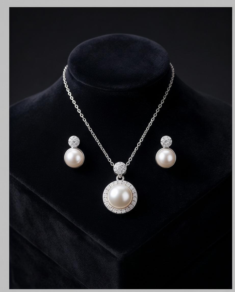 Silver‑Tone Pearl Pendant Necklace & Drop Earrings Set