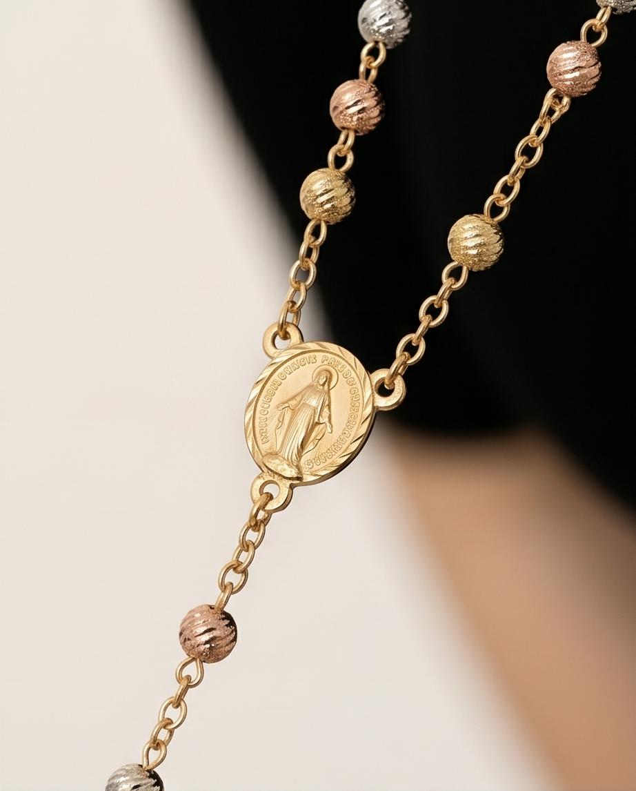 3 Color White/Yellow/Red Gold‑Tone Rosary‑Style Necklace with Cross Pendant