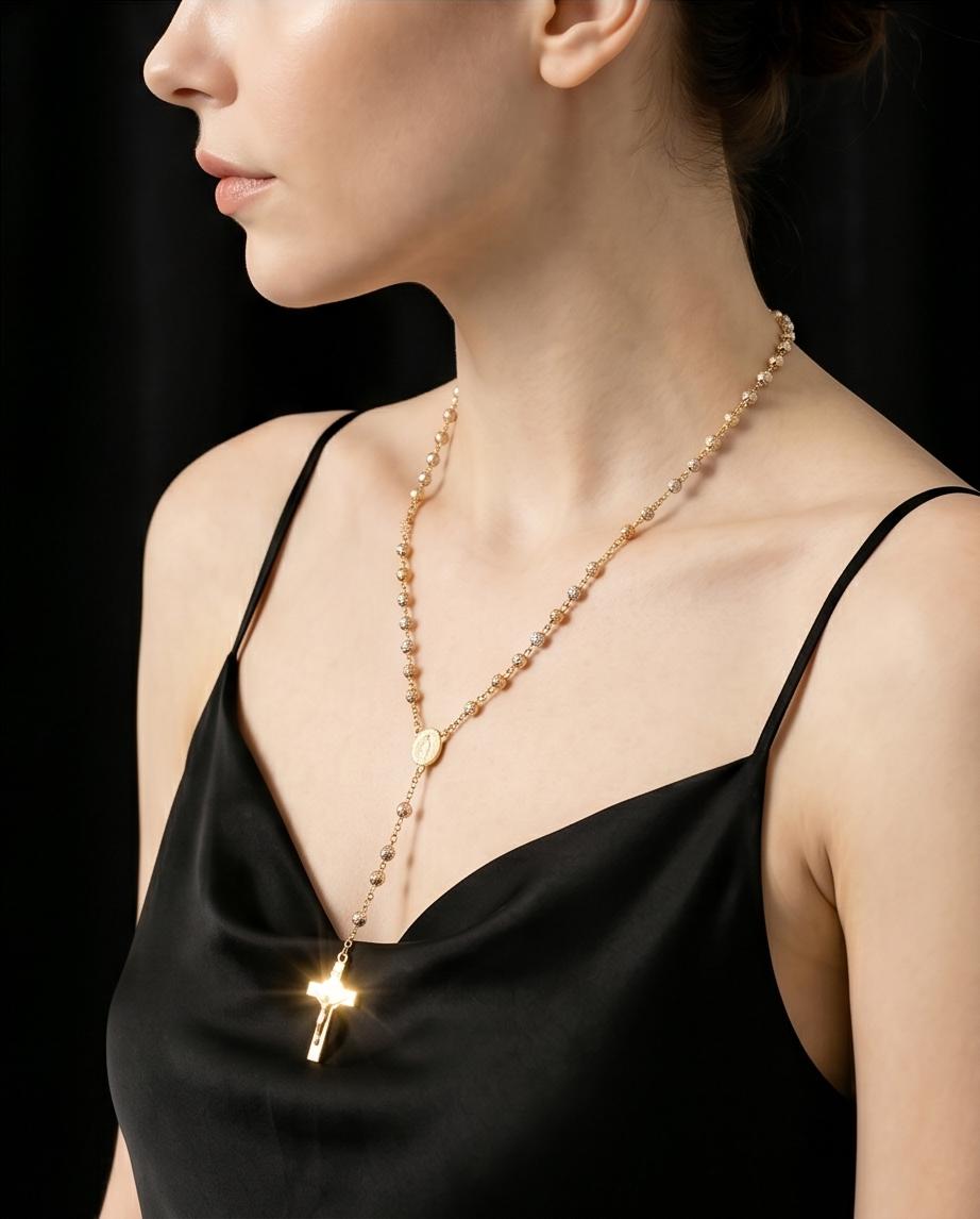3 Color White/Yellow/Red Gold‑Tone Rosary‑Style Necklace with Cross Pendant