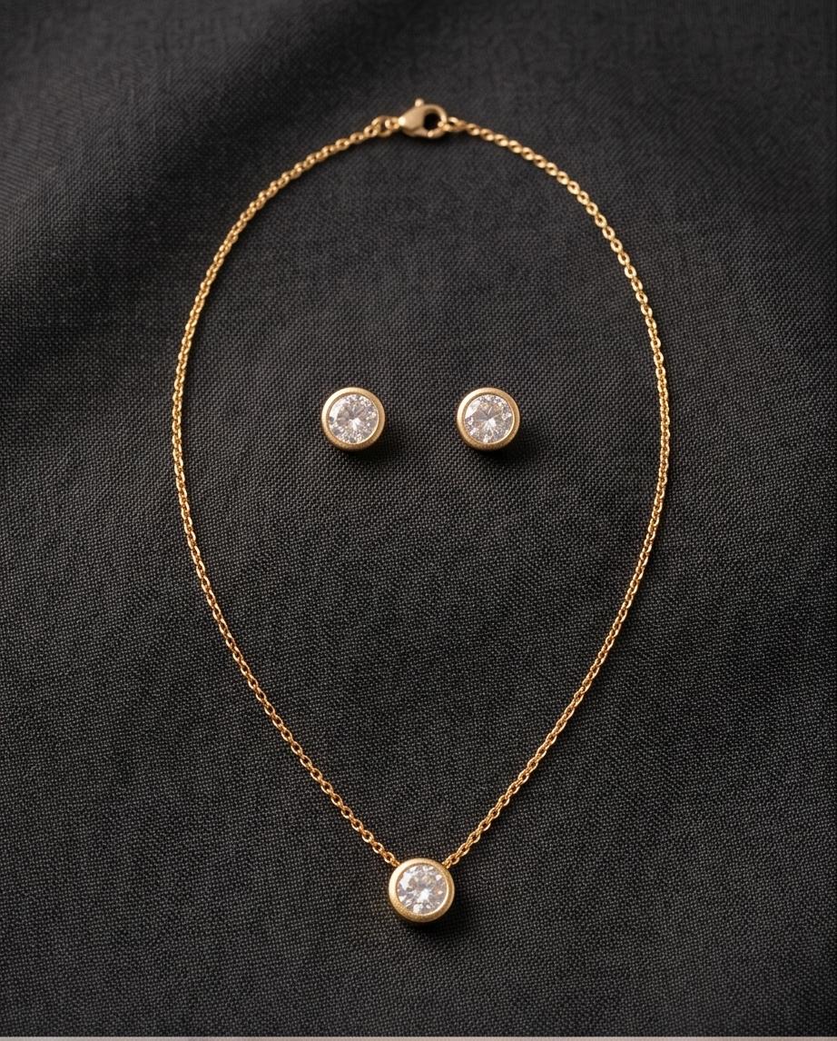 Gold‑Tone Solitaire Pendant Necklace & Stud Earrings Set
