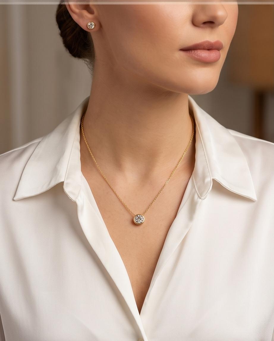 Gold‑Tone Solitaire Pendant Necklace & Stud Earrings Set