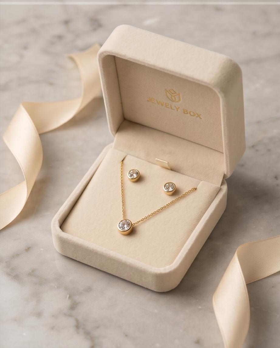 Gold‑Tone Solitaire Pendant Necklace & Stud Earrings Set