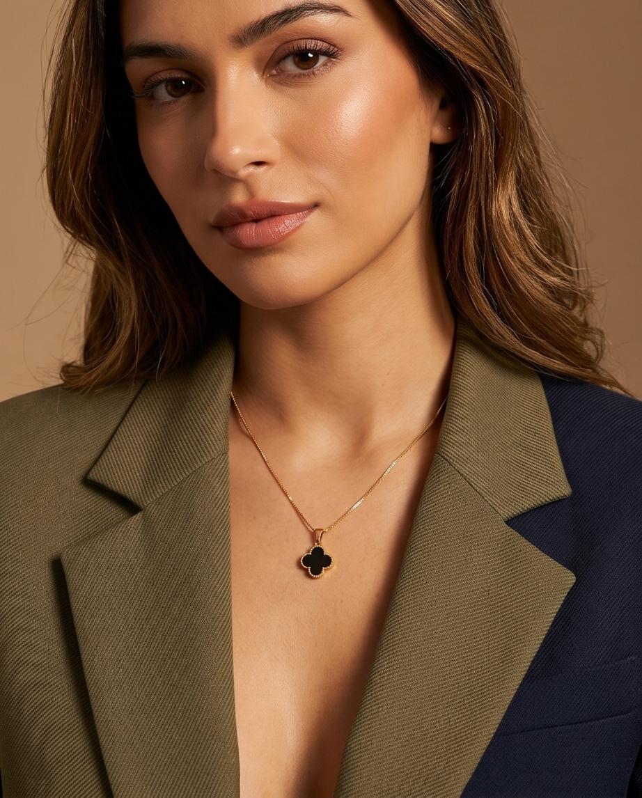 Gold‑Tone Black Clover Pendant Necklace