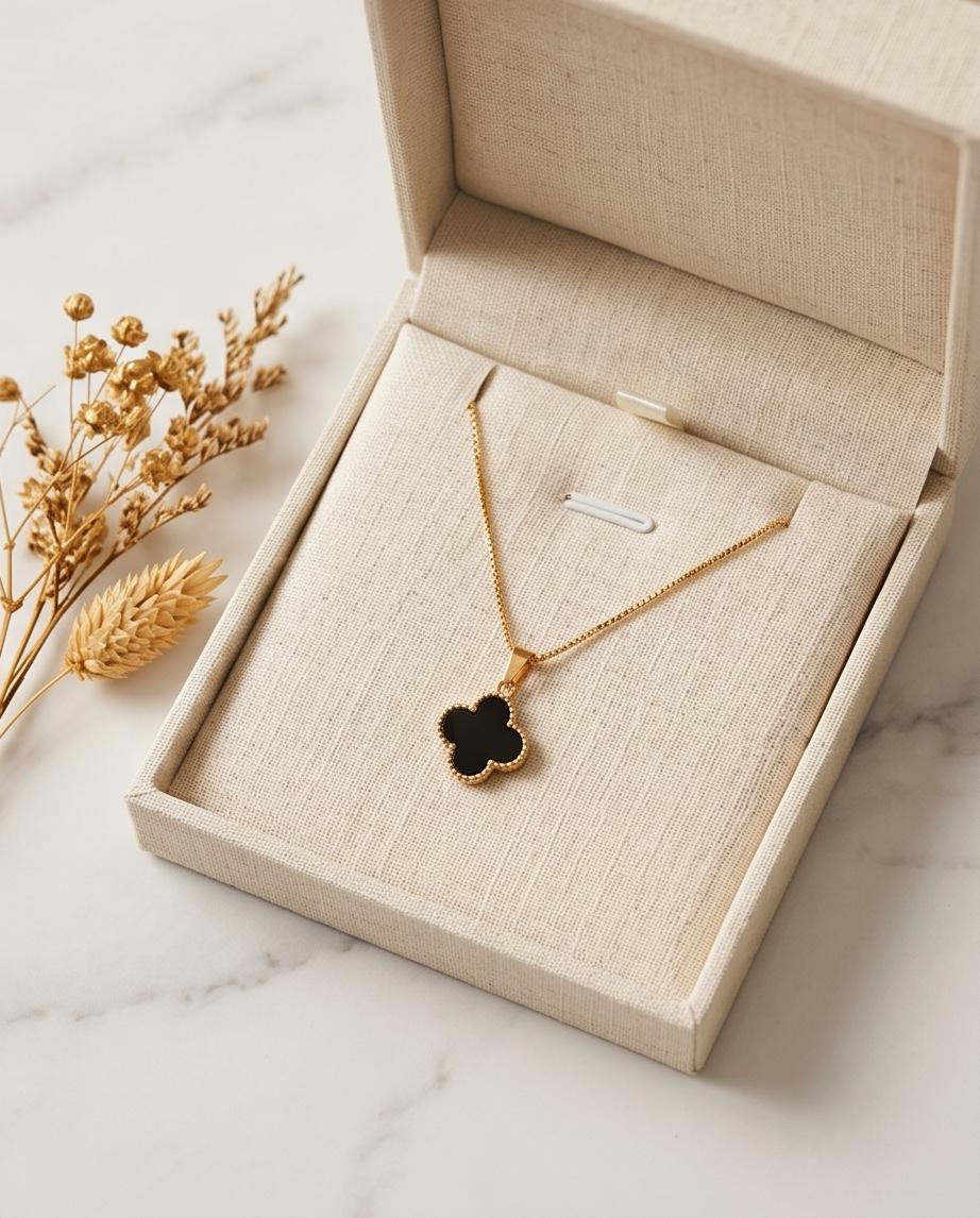 Gold‑Tone Black Clover Pendant Necklace