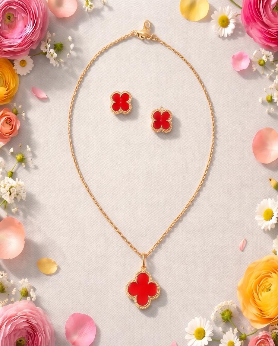 Gold‑Tone Red Clover Pendant Necklace & Stud Earrings Set