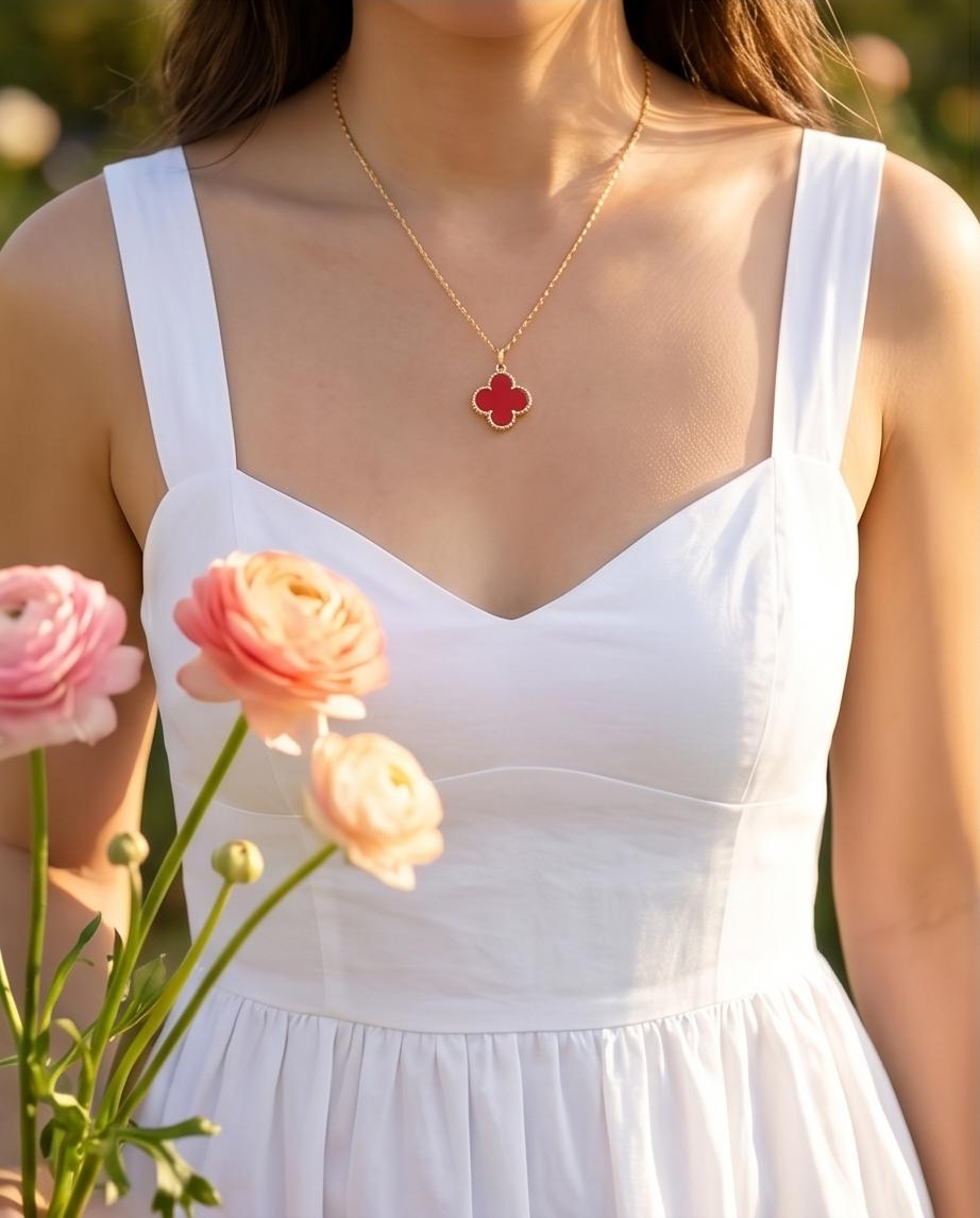 Gold‑Tone Red Clover Pendant Necklace & Stud Earrings Set