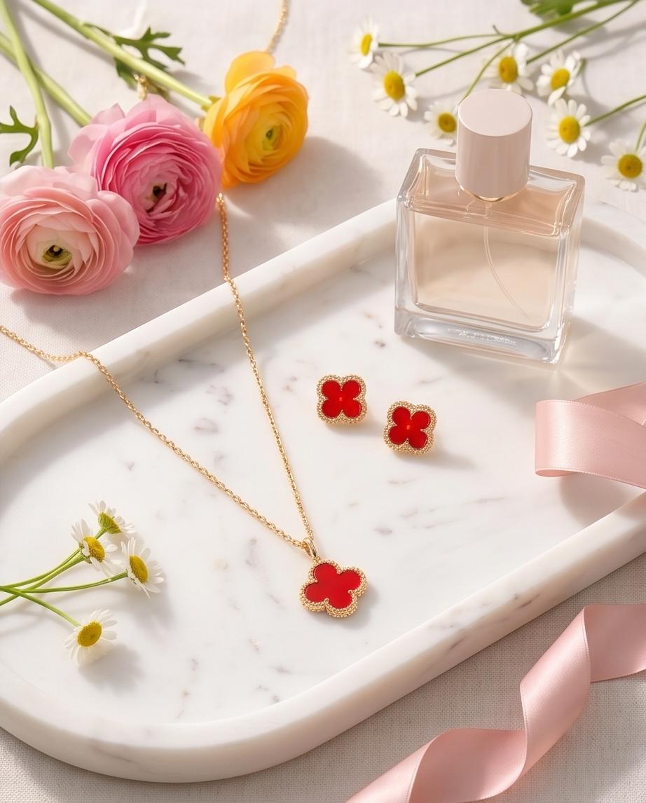 Gold‑Tone Red Clover Pendant Necklace & Stud Earrings Set